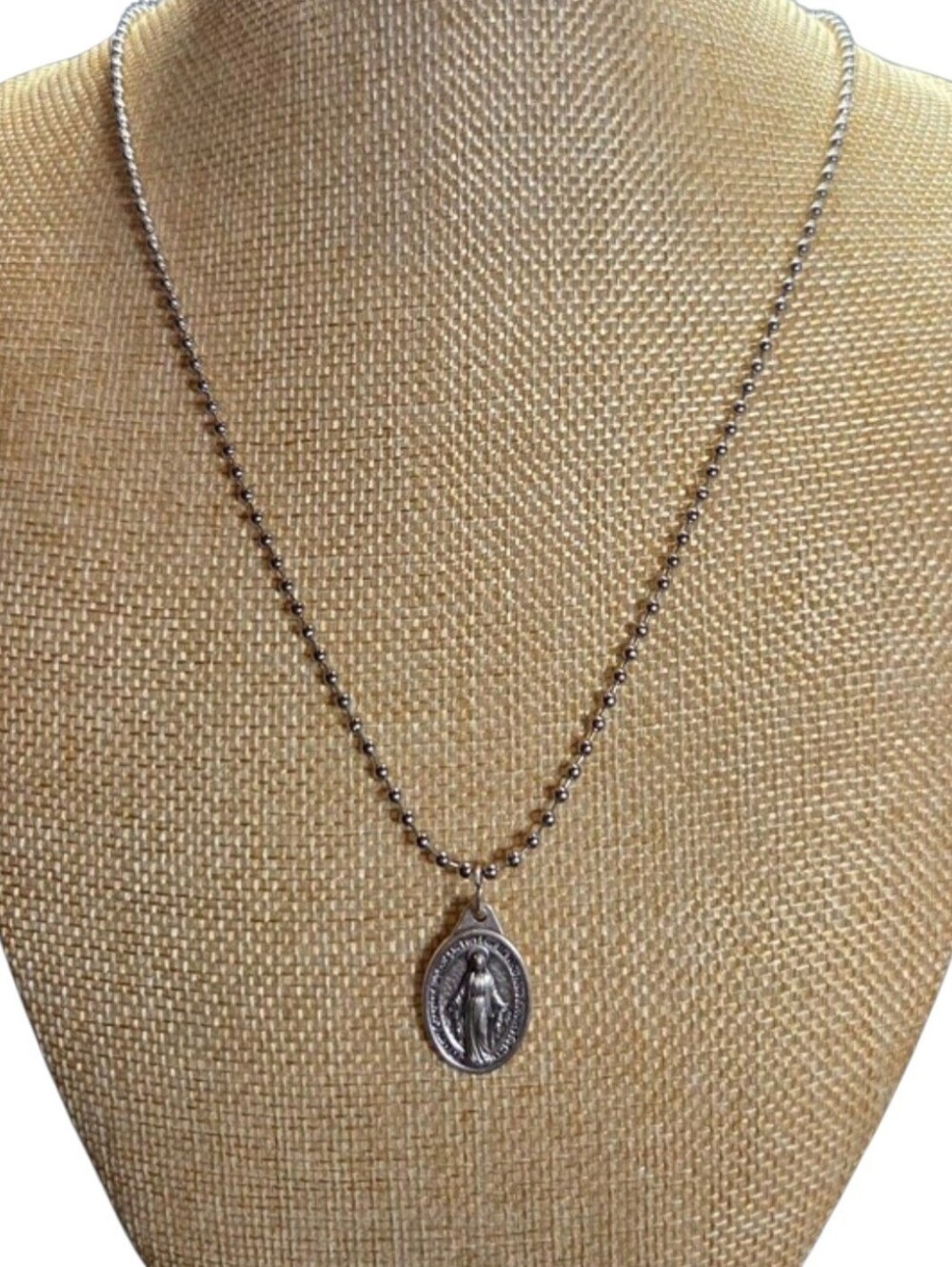 NWOT Italy Miraculous Medal Necklace Silver Virgin Mary Pendant 1830 Ball Chain